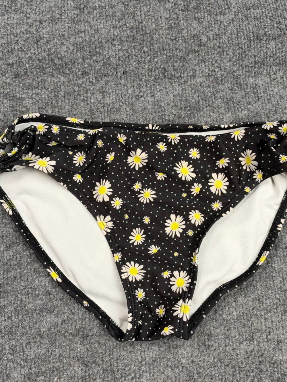 Art Class Girls Bikini Bottom Large 10/12 Black Daisy Polka Dot Side Tie Swim